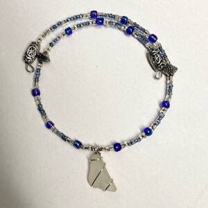 Sea Glass Bracelet, Blue & Silver Beads, Wire Wrapped, Gloucester, MA